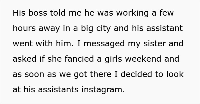 Text excerpt showing a wife uncovering evidence of husband&rsquo;s affair by checking his assistant&rsquo;s Instagram during a girls weekend.