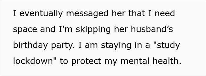 Text detailing a person's decision to skip a party to protect their mental health, addressing toxic bestie drama.