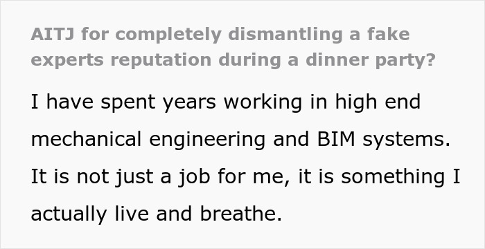 Text excerpt about dismantling a fake expert's reputation at a dinner party involving mechanical engineering and BIM systems expertise.