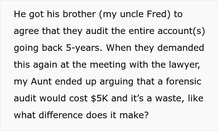 Text excerpt describing a family audit dispute involving forensic audit costs and legal discussions.