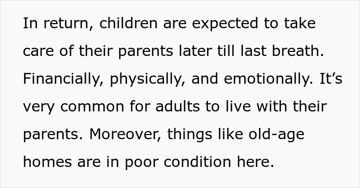 Text about children expected to support parents later in life, highlighting independence and family support issues.
