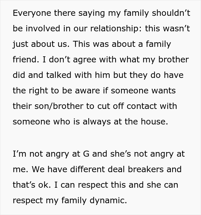 Text explaining a woman’s family dynamics causing conflict after seeing how close her boyfriend’s female friend is to his family. Text explaining a woman’s family dynamics causing conflict after seeing how close her boyfriend’s female friend is to his family.