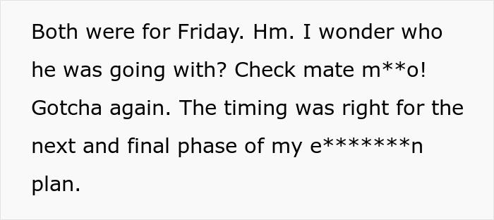 Text describing a successful revenge plan by an employee against a horrible boss, detailing the timing of the perfect revenge.