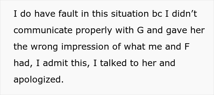 Text excerpt showing a woman admitting fault after seeing how close her boyfriend’s female friend is to his family. Text excerpt showing a woman admitting fault after seeing how close her boyfriend’s female friend is to his family.