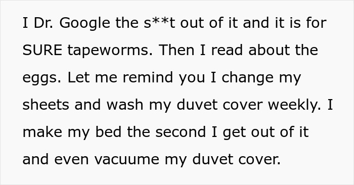Text describing concern about tapeworms after bringing home a senior cat, mentioning cleaning routines and regret.