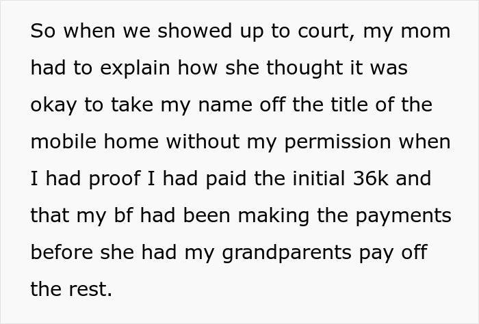 Text excerpt describing a woman sharing a crazy story about her mom involving court and property title disputes.