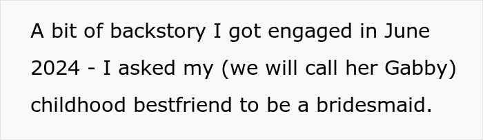 Text describes a best friend being asked to be a bridesmaid, foreshadowing a wedding conflict.