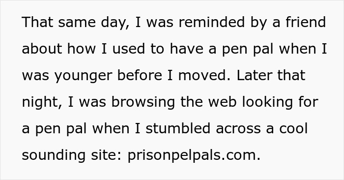 Text excerpt discussing discovering a pen pal website, prison pen pal concept, and writing to prisoner pen pals.