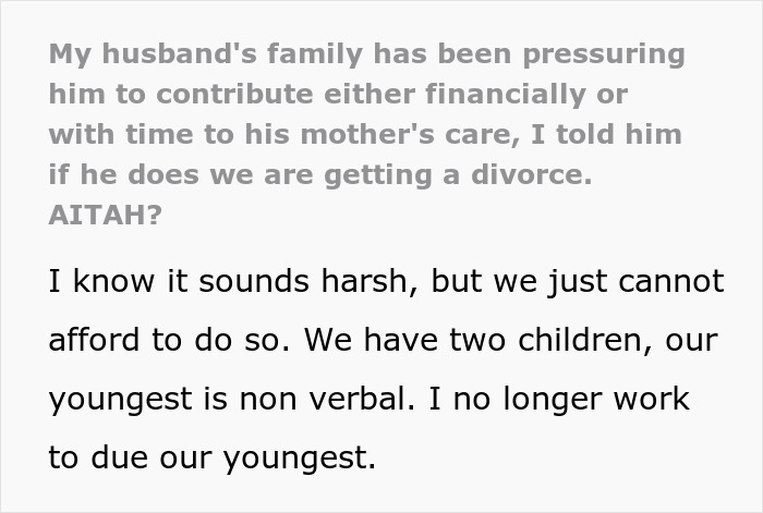 Woman Threatens Divorce If Husband Financially Contributes To His Mother's Care: "Told Him That Is Nuts"