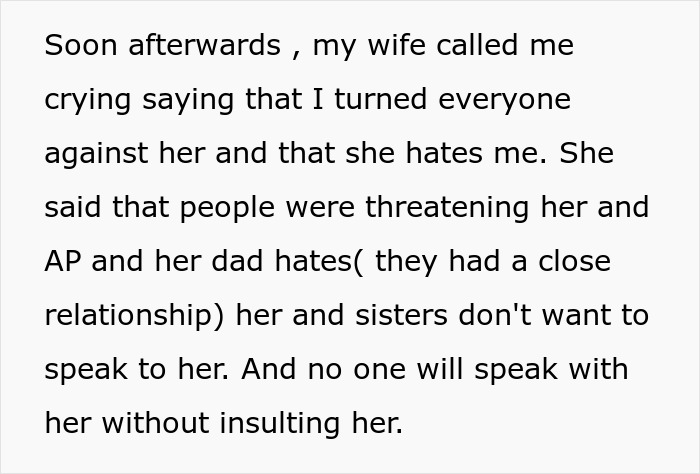 Text from a social media post where a woman's marriage is ruined after her affair, now facing isolation.