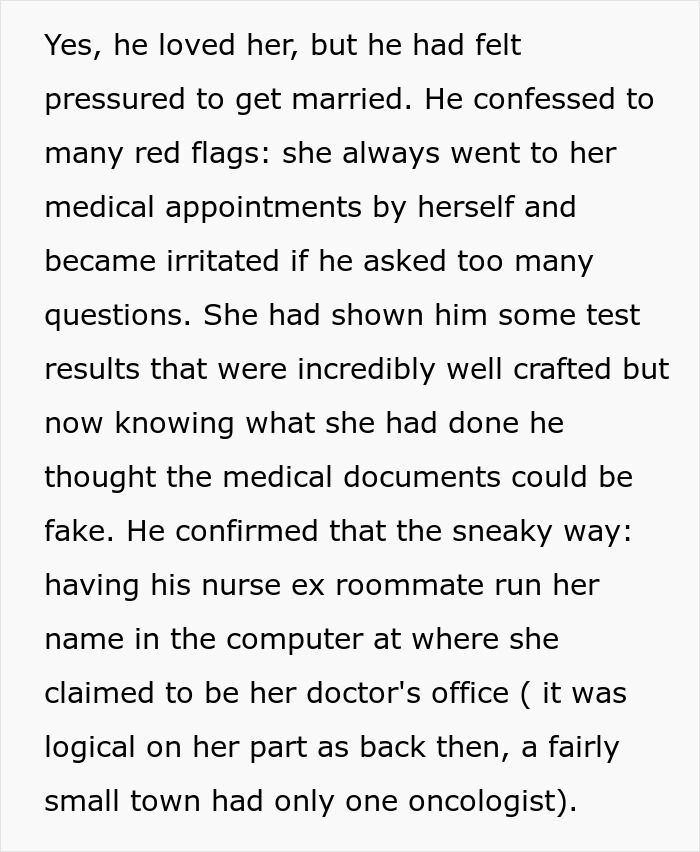 Text excerpt about a woman suspected of cheating and scamming, with suspicions confirmed by a trusted friend.