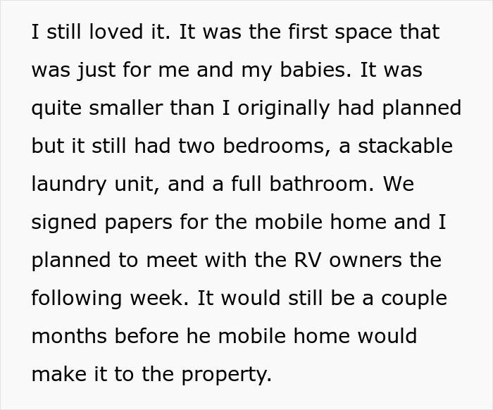 Text excerpt describing a woman’s story about her mom involving a mobile home and property plans.