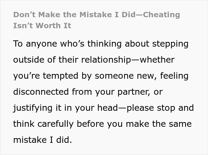 Text excerpt warning about the harsh lesson learned from cheating and the consequences of destroying life chasing a fantasy.
