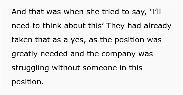 Text on a white background discussing a woman&rsquo;s career opportunity amid marriage trouble and pregnancy concerns.