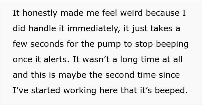 Text describing a woman's experience with her feeding tube beeping at work, relevant to feeding tube management.