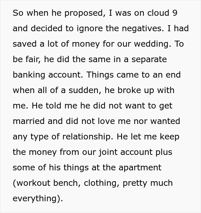 Text excerpt describing a woman’s story involving cheating, scamming, and a breakup revealed on local news.