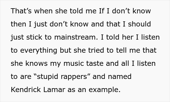 Text excerpt about woman using Shazam to identify song, boyfriend's cousin throwing tantrum and claiming bullying and hacking to family. Text excerpt about woman using Shazam to identify song, boyfriend's cousin throwing tantrum and claiming bullying and hacking to family.