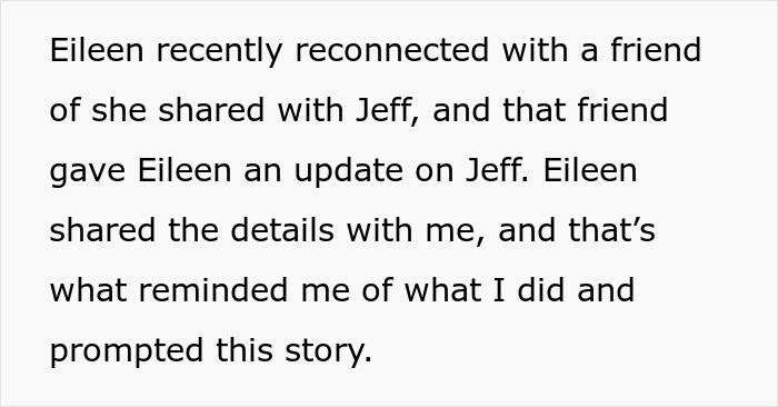 Text describing Eileen's friend providing an update on Jeff, prompting a story about revenge and destroying a new life.