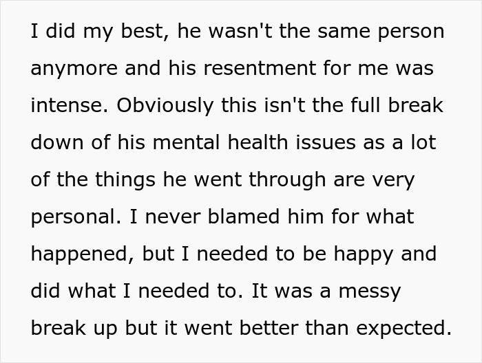 Text excerpt showing a woman reflecting on the difficult breakup with an unstable ex and her mental health struggles.