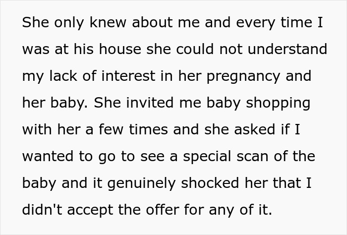 Text from a post by a teenager on a white background, detailing his lack of interest in a pregnant GF's baby.