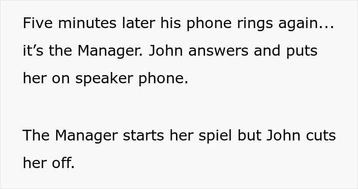 Text excerpt showing a phone call with a manager, highlighting support for an overworked and underpaid friend.