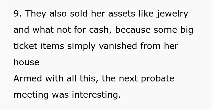 Text excerpt discussing asset sales and missing items in a case of financial dispute and revenge in probate.
