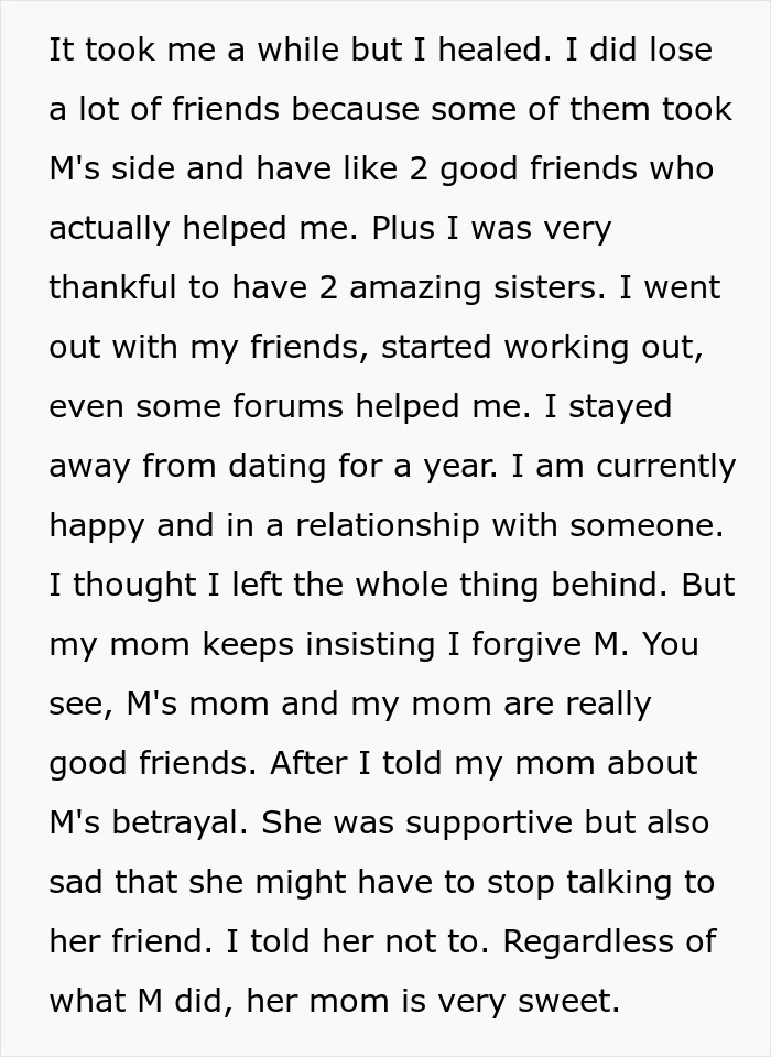 Text about healing after a best friend&rsquo;s betrayal and a mom urging forgiveness to protect the friendship.