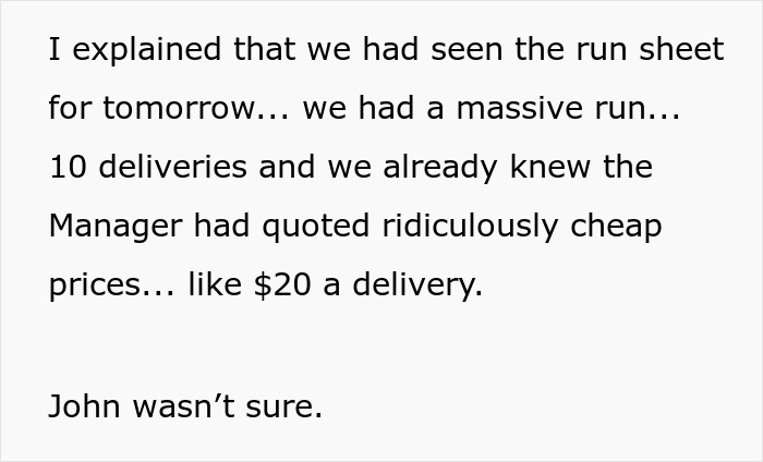 Text excerpt showing a story about helping an overworked and underpaid friend with unfair delivery prices.