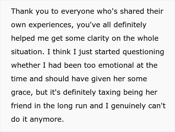 Text excerpt about a woman testing her friend to remind her to show appreciation and feeling shocked after being left hanging.