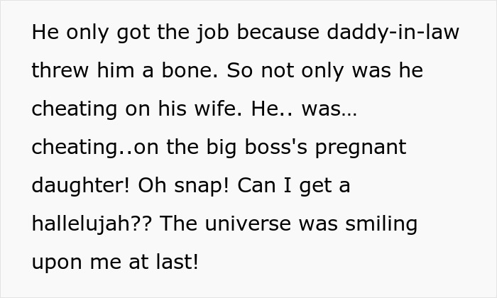 Text on screen: an employee gets perfect revenge on a horrible boss. The boss was cheating with the CEO's pregnant daughter.