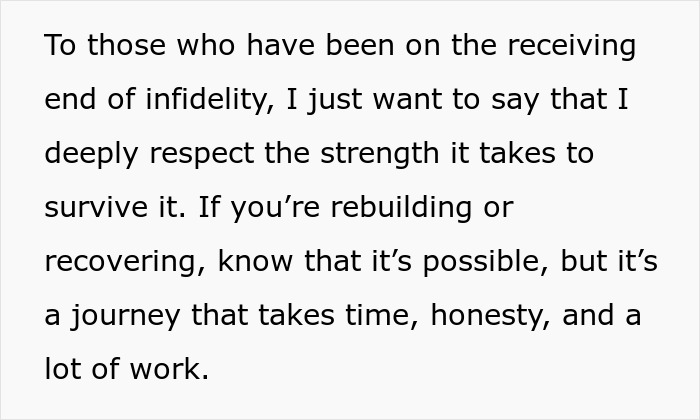 Text about respecting the strength to survive infidelity and the journey of rebuilding after cheating mistakes.