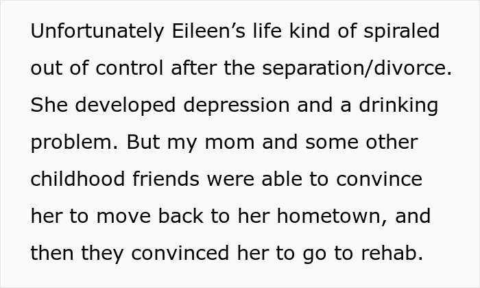 Text from a story, detailing Eileen's post-divorce struggles, illustrating the consequences of a guy dumping his wife.