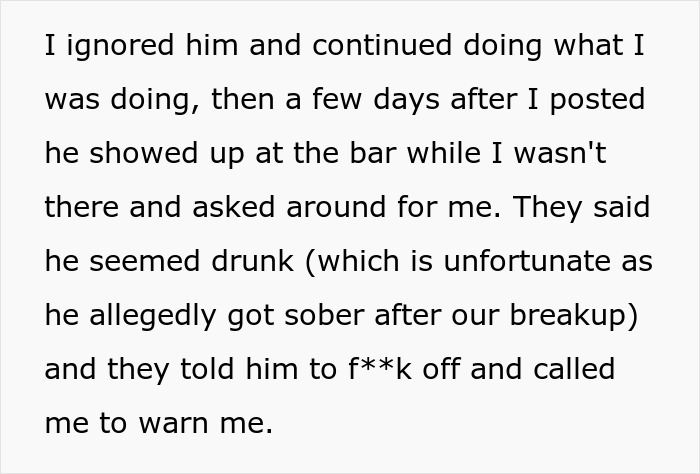 Text excerpt about lady using comedy to cope while ex-boyfriend stalks her after breakup and warns friends.