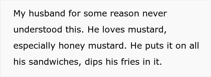 Text showing a wife explaining her husband&rsquo;s love for mustard, revealing tension over the condiment in their relationship.
