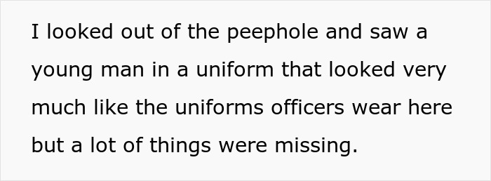 Text excerpt describing a young man in a uniform resembling police attire with missing elements, related to homophobic MIL conflict.