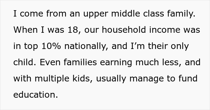 Text excerpt about an upper middle class family pushing son to be independent at 18, affecting later support.