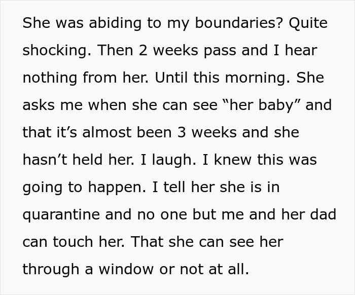 Text excerpt showing mom&rsquo;s creepy behavior asking about seeing her baby despite quarantine boundaries.