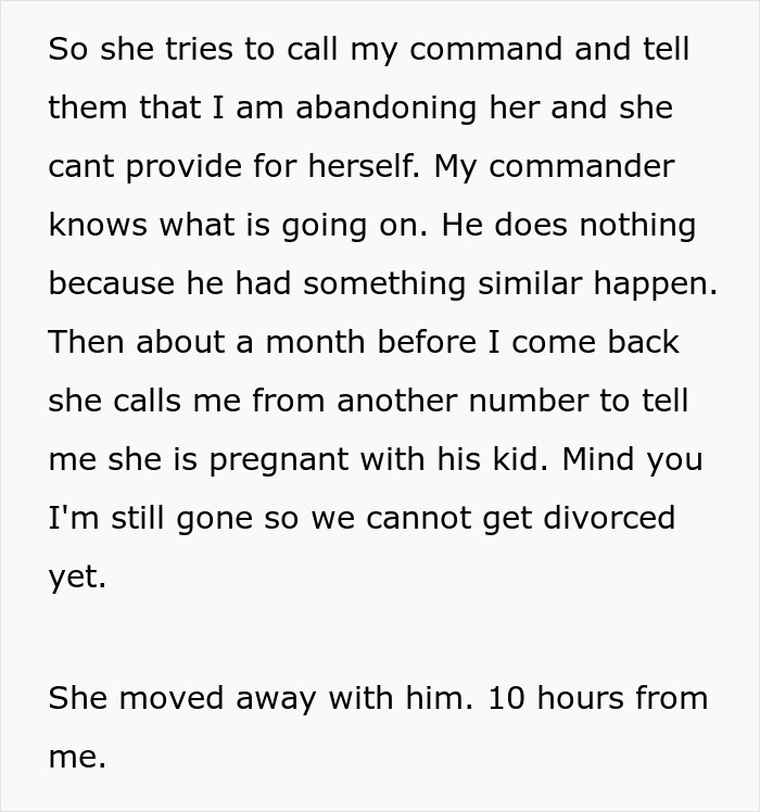 Text excerpt about an army wife cheating on her deployed husband and the ensuing consequences including revenge and karma.