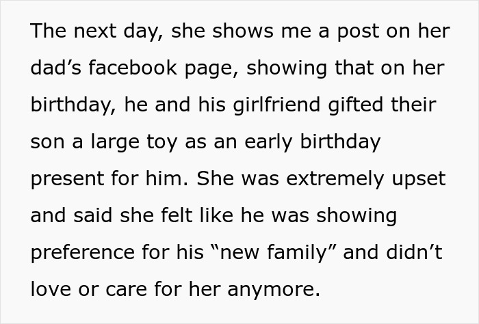 Text describing a teen upset after her dad forgot her birthday, showing preference for his new family. Text describing a teen upset after her dad forgot her birthday, showing preference for his new family.