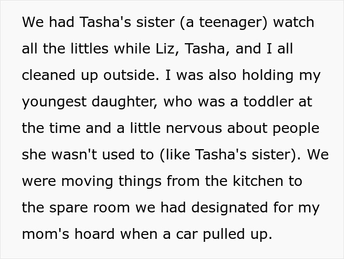 Text excerpt describing a woman sharing a crazy story about her mom involving family members and a hoard cleanup.