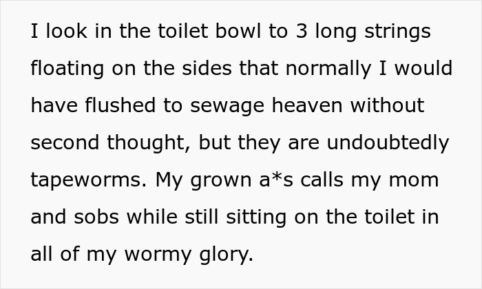 Text describing a woman's shocking discovery of tapeworms after bringing home a cute senior cat.