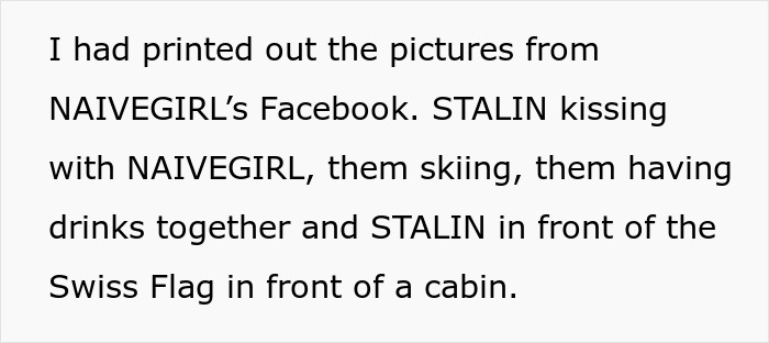 Text about printing photos of Stalin and Naivegirl skiing, kissing, and drinking. Perfect revenge on a horrible boss.