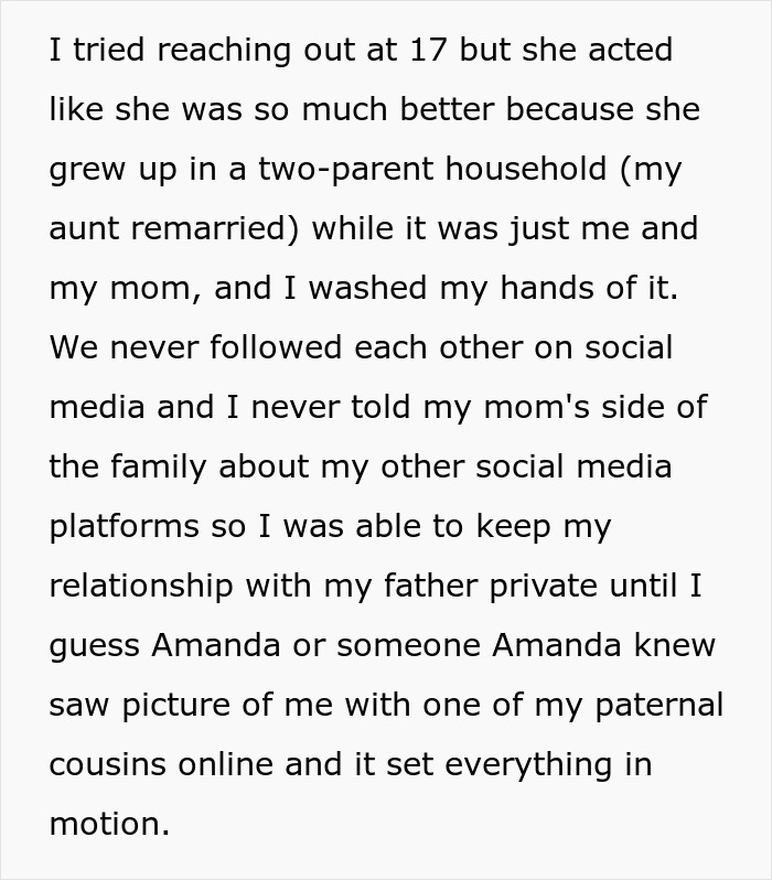 Text excerpt showing a confusing and wild family dynamic with drama over DNA tests and child support issues.