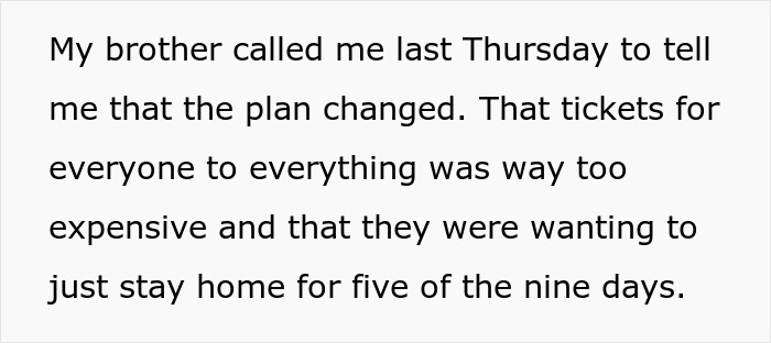 Text excerpt about a brother changing plans and a family staying home, illustrating discomfort after family refuse to leave the house.