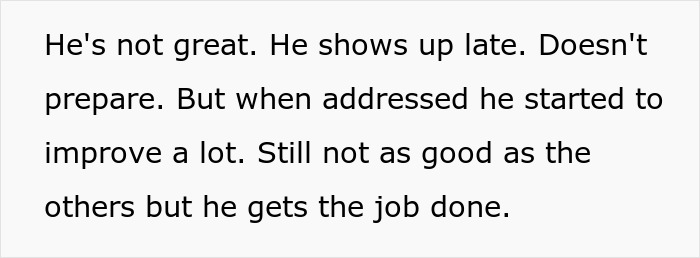 Text feedback about a kid’s work performance from a mother who fired him, noting lateness and improvement efforts. Text feedback about a kid’s work performance from a mother who fired him, noting lateness and improvement efforts.
