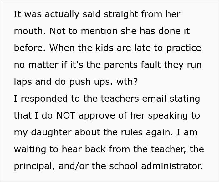 Text excerpt discussing teacher grabbing kids and parent&rsquo;s reaction to being called out about rules enforcement.