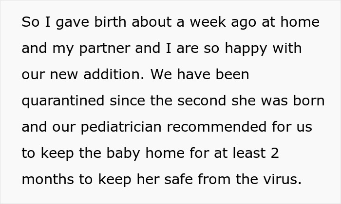 Text describing a new baby&rsquo;s quarantine period recommended by a pediatrician to keep the baby safe from the virus.