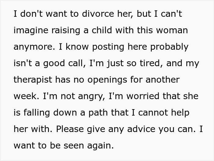 Text of a worried partner expressing concern about marriage trouble during wife&rsquo;s career glow-up and feeling alone while pregnant.
