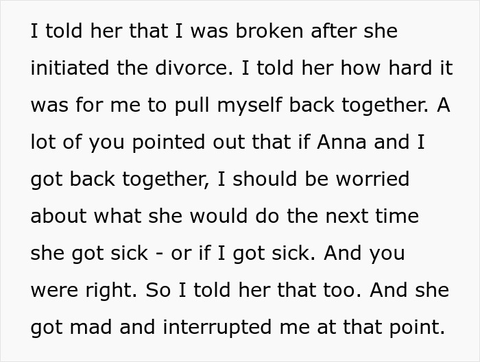 ALT text: Text about wife divorcing husband during cancer out of fear he would leave, now asking for second chance.