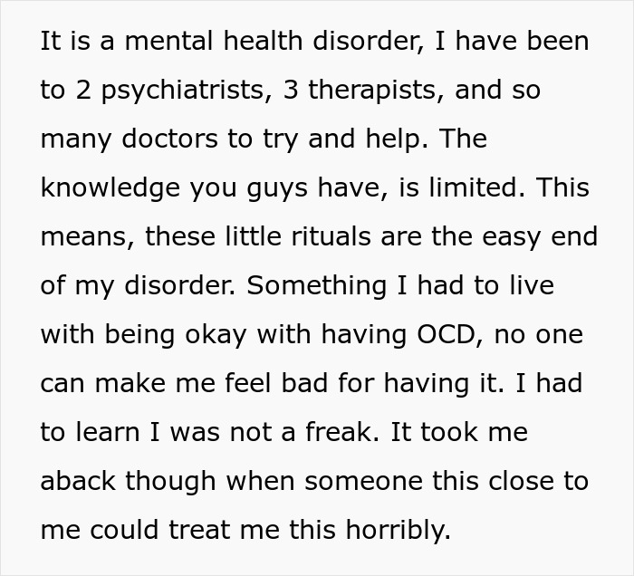 Text excerpt discussing mental health disorder struggles, therapy, and feeling liberated after ending a relationship over one cent.